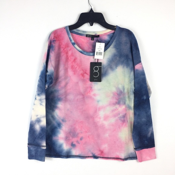 Gibson Crew Neck Long Sleeve Tie Dye Blue Fucsia Top - Picture 4 of 7